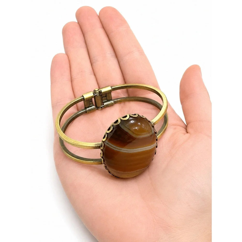 Vintage Botswana Agate Cuff Bracelet Banded Brown Stone Brushed Gold Tone Hinged